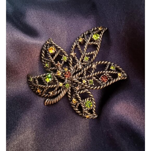 Vintage AVON Signed Rhinestone Fall Autumn Dark Amber and Green Rhinestones Bron - Picture 1 of 5